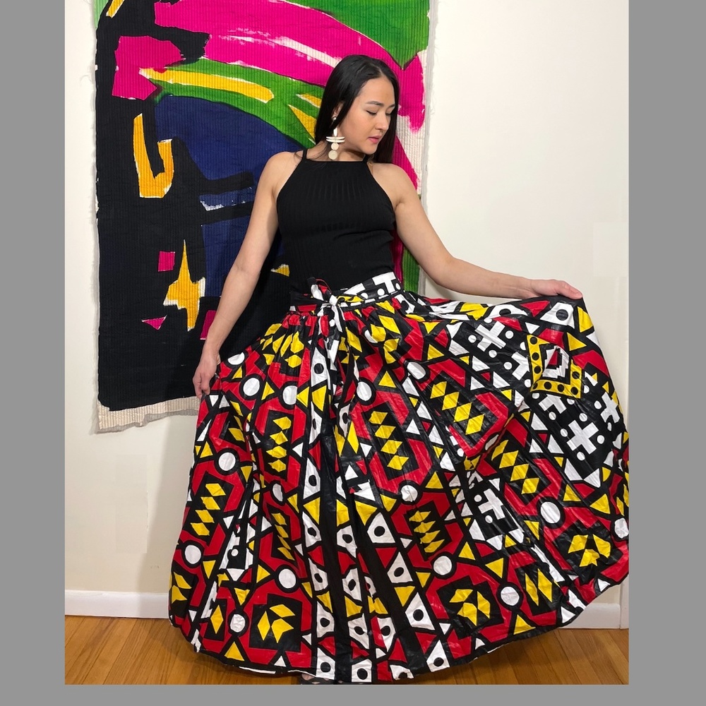BOLD African Wax Block Print MAXI Skirt - Elastic Waist with POCKETS